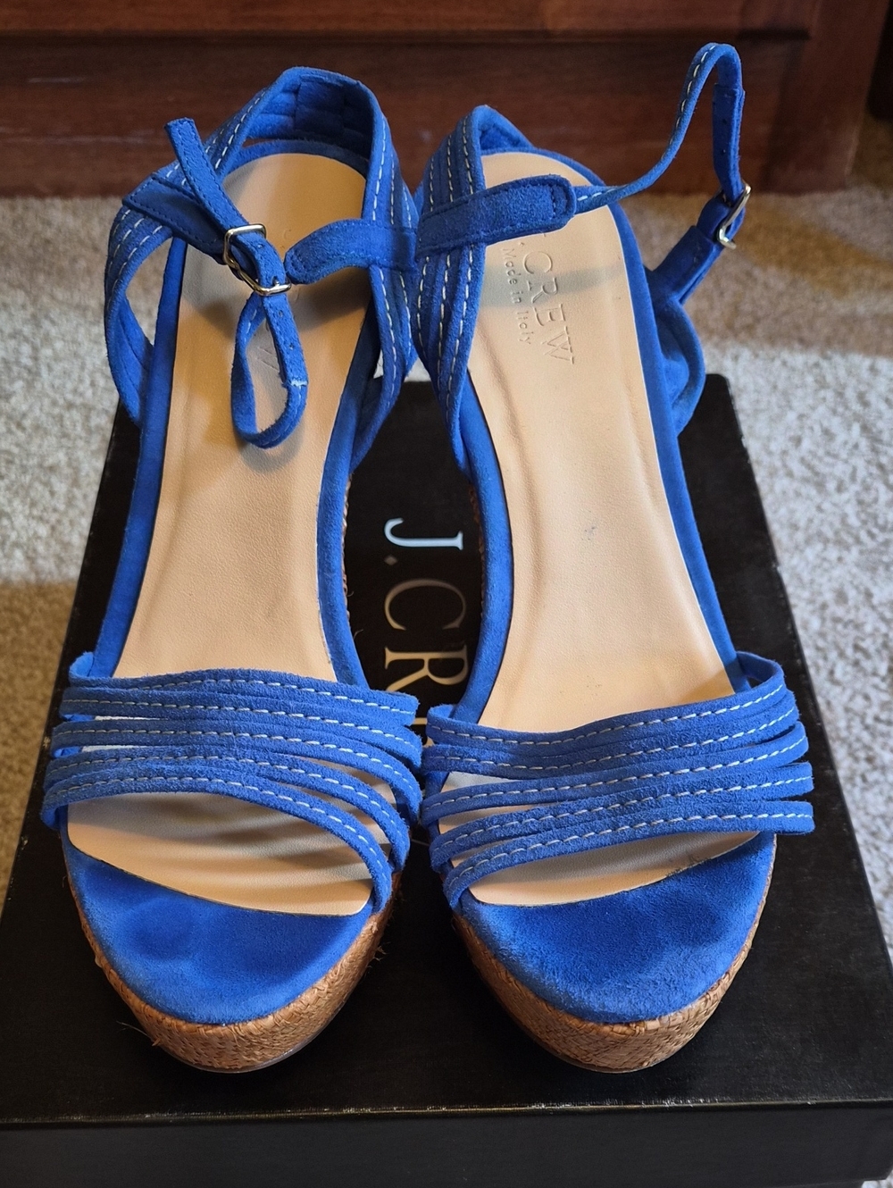 J. Crew Royal Blue Suede Cork Wedge Sandals